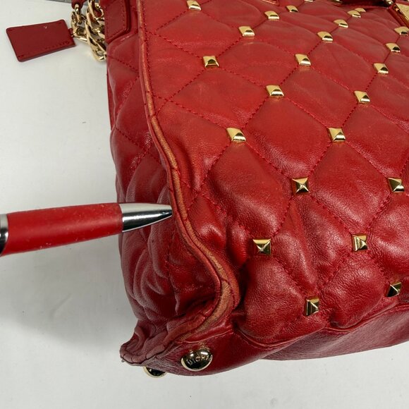 Michael Kors Hamilton Large Studded North South Tote Red Leather Gold Hardware - Picture 11 of 13